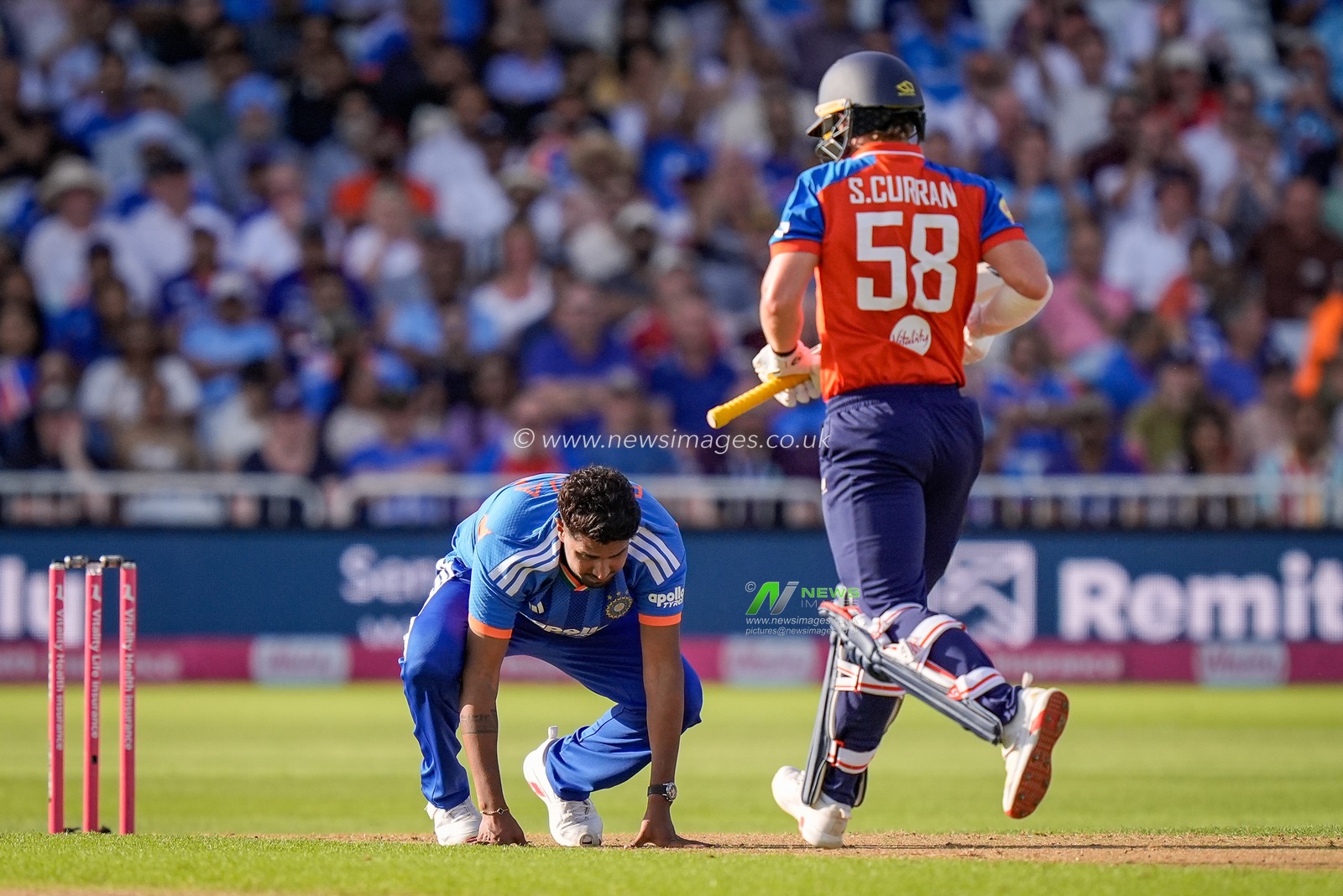 Harshit Rana of India reacts after delivering a hat-rick ball that was hit for 4 during the Third Vitality T20 International match England vs India at Trent Bridge, Nottingham, United Kingdom on 07 July 2026

(Photo by Maynard Manyowa/News Images)