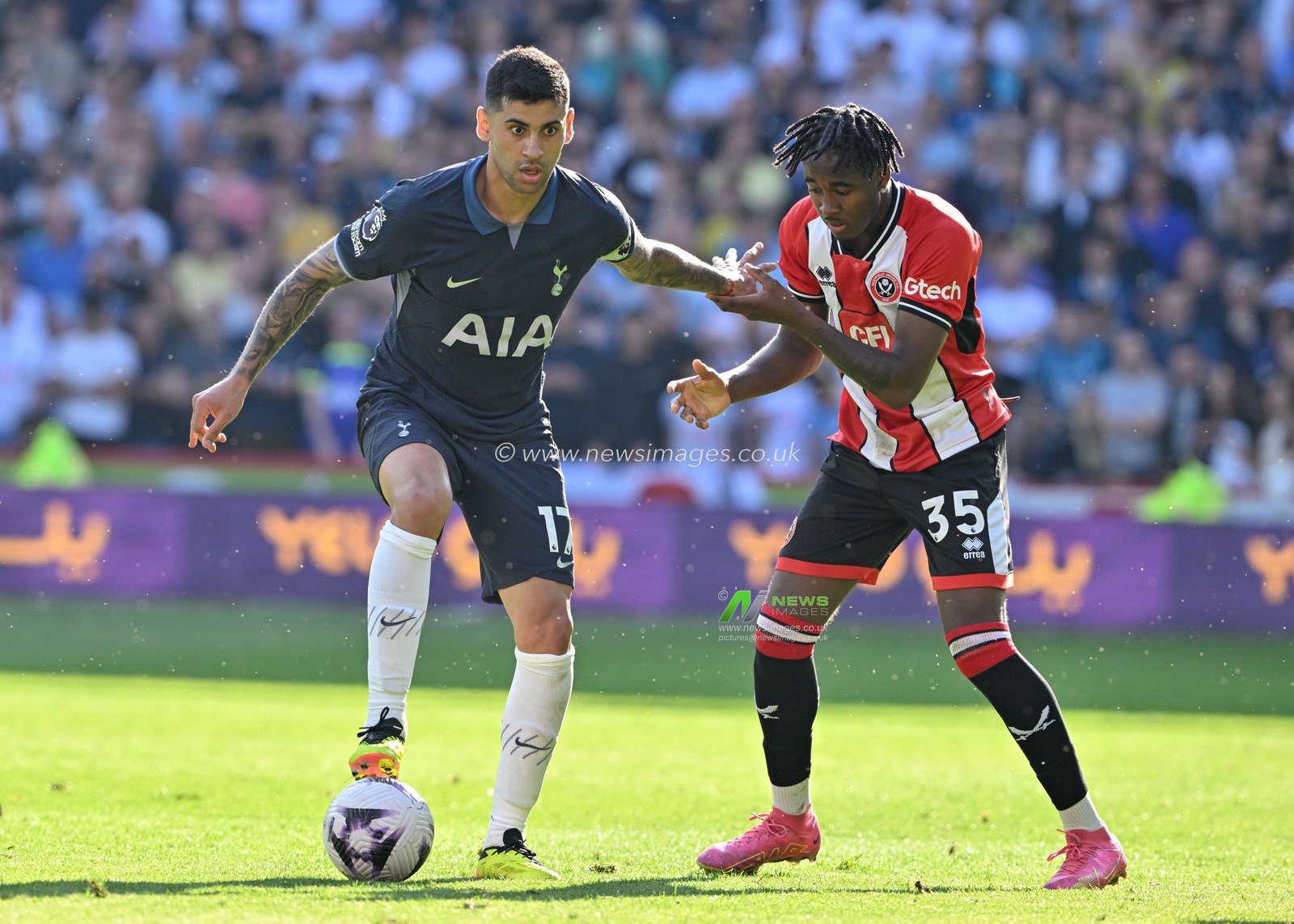 Cristian Romero of Tottenham Hotspur holds off Andre Brooks of Sheffield United, during the Premier League match Sheffield United vs Tottenham Hotspur at Bramall Lane, Sheffield, United Kingdom, 19th May 2024

(Photo by Cody Froggatt/News Images)