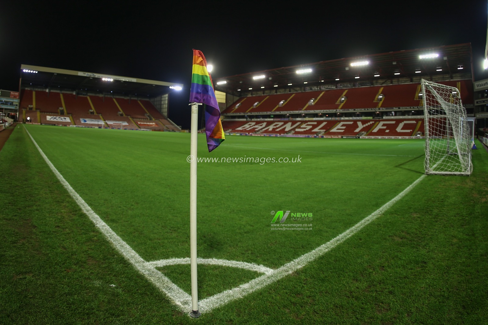 A Rainbow Laces corner flag is seen before the game at Oakwell