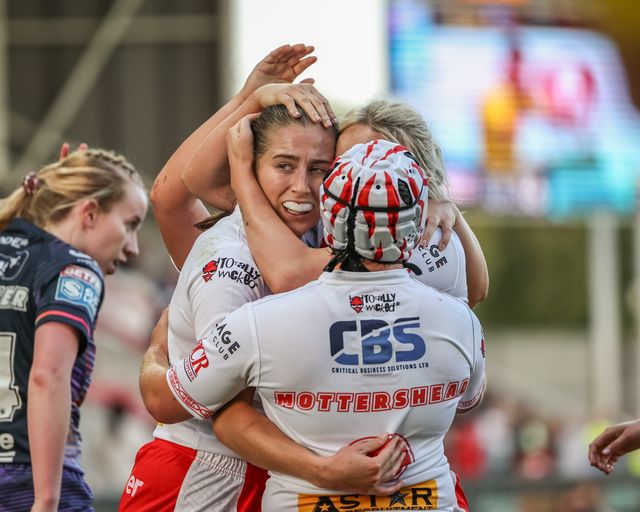 Phoebe Hook of St Helens celebrates her try  to make it 20-20 during the Betfred Women's Super League Round 13 match St Helens Women vs Wigan Warriors Women at Totally Wicked Stadium, St Helens, United Kingdom, 5th September 2025

(Photo by Mark Cosgrove/News Images)