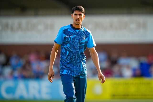 Akif Javed of Derbyshire walks back to his mark to bowl during the Vitality Blast T20 match between Derbyshire Falcons and Durham Cricket at The Central Co-Op County Ground, Derby, United Kingdom on 22 May 2026

(Photo by Maynard Manyowa/News Images)