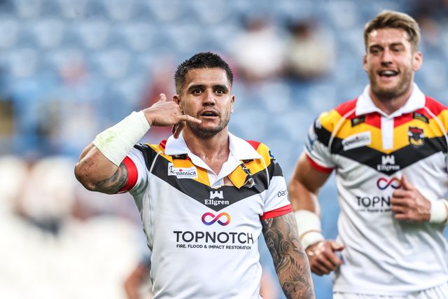 Jayden Nikorima of Bradford Bulls celebrates his try during the Betfred Super League round 18 match Huddersfield Giants vs Bradford Bulls at Accu Stadium, Huddersfield, United Kingdom on 10 July 2026

(Photo by Alfie Cosgrove/News Images)