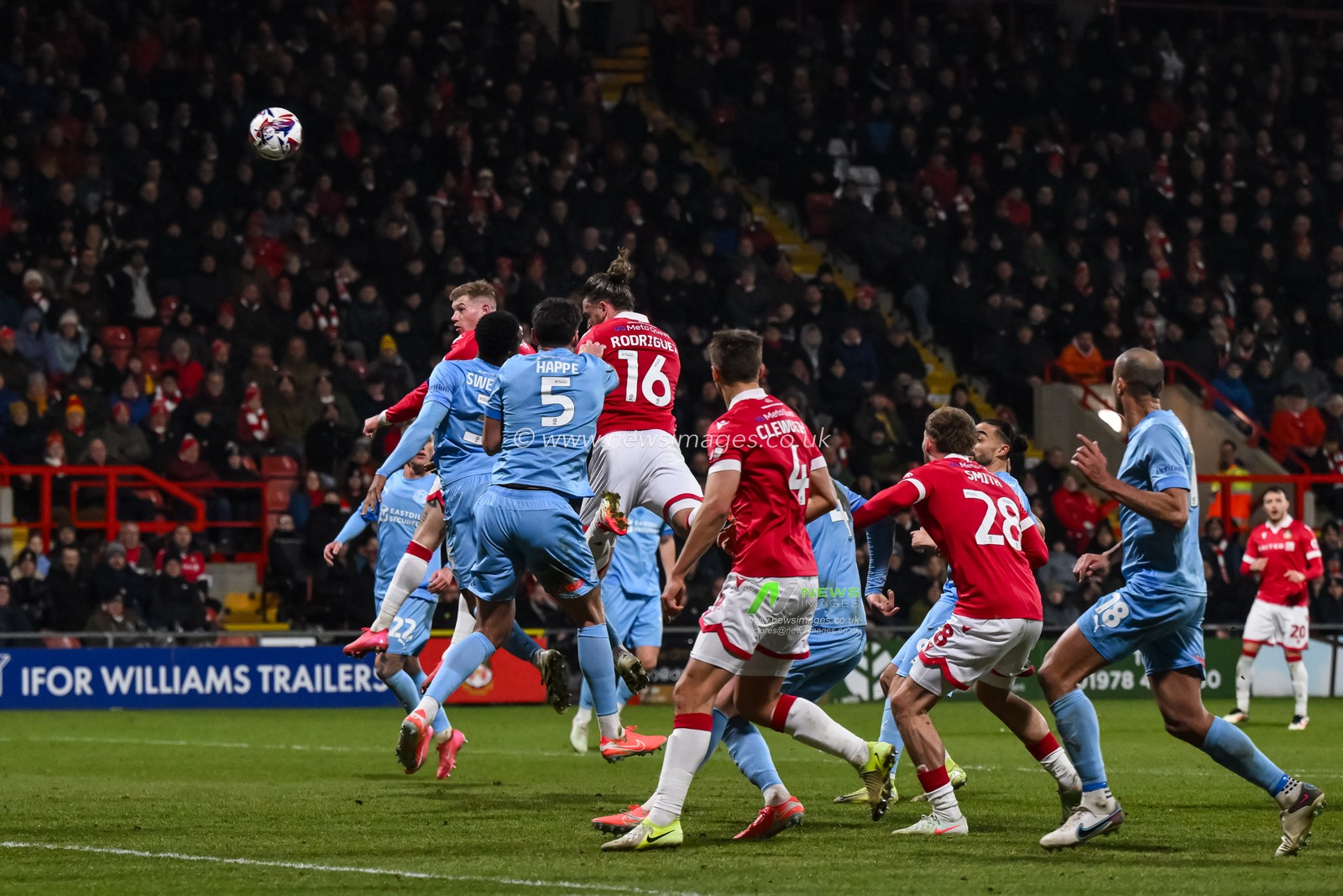 Jay Rodriguez of Wrexham heads on goal during the Sky Bet League 1 match Wrexham vs Leyton Orient at SToK Cae Ras, Wrexham, United Kingdom, 18th February 2025

(Photo by Craig Thomas/News Images)