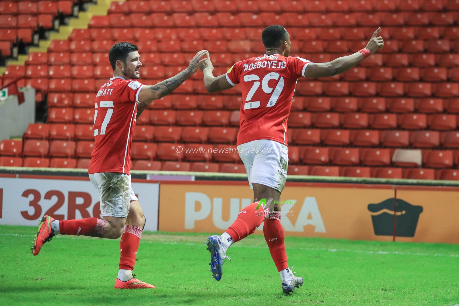 Victor Adeboyejo #29 of Barnsley celebrates his goal to make it 2-1