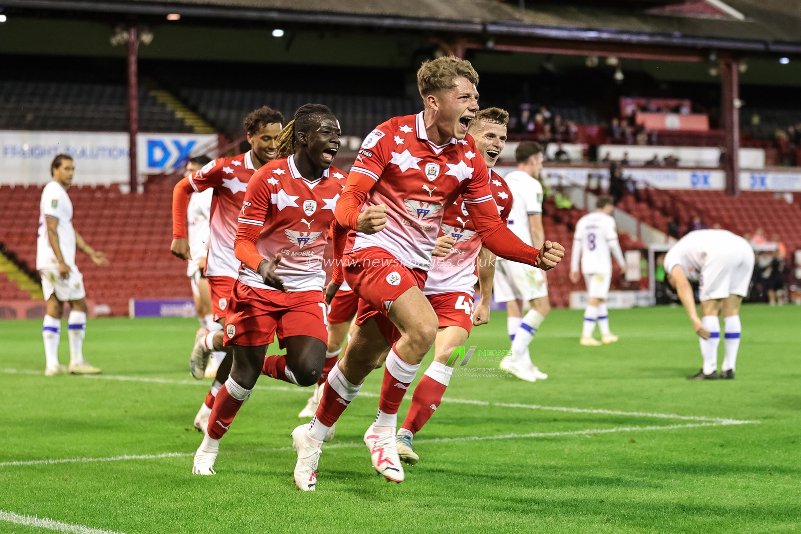 Aiden Marsh #19 of Barnsley celebrates his goal to make it 2-2 during the Carabao Cup match Barnsley vs Tranmere Rovers at Oakwell, Barnsley, United Kingdom, 8th August 2023

(Photo by Mark Cosgrove/News Images)