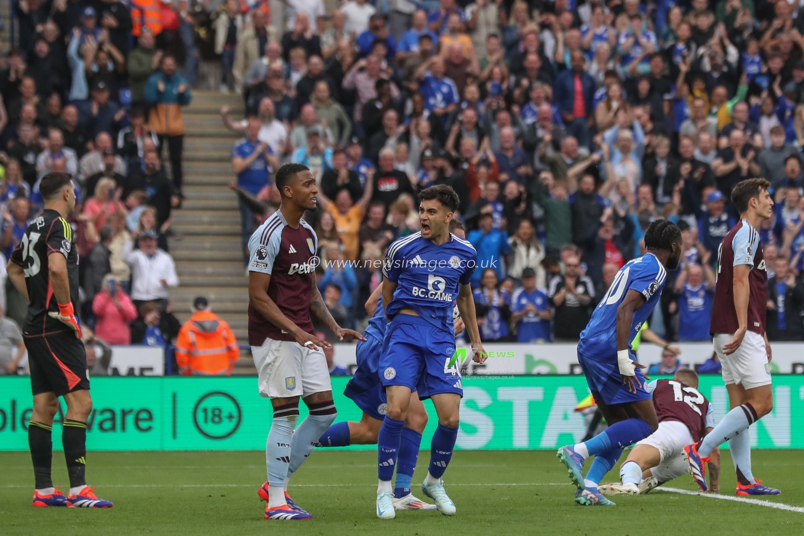 Facundo Buonanotte of Leicester City celebrates his goal to make it 1-2 during the Premier League match Leicester City vs Aston Villa at King Power Stadium, Leicester, United Kingdom, 31st August 2024

(Photo by Alfie Cosgrove/News Images)