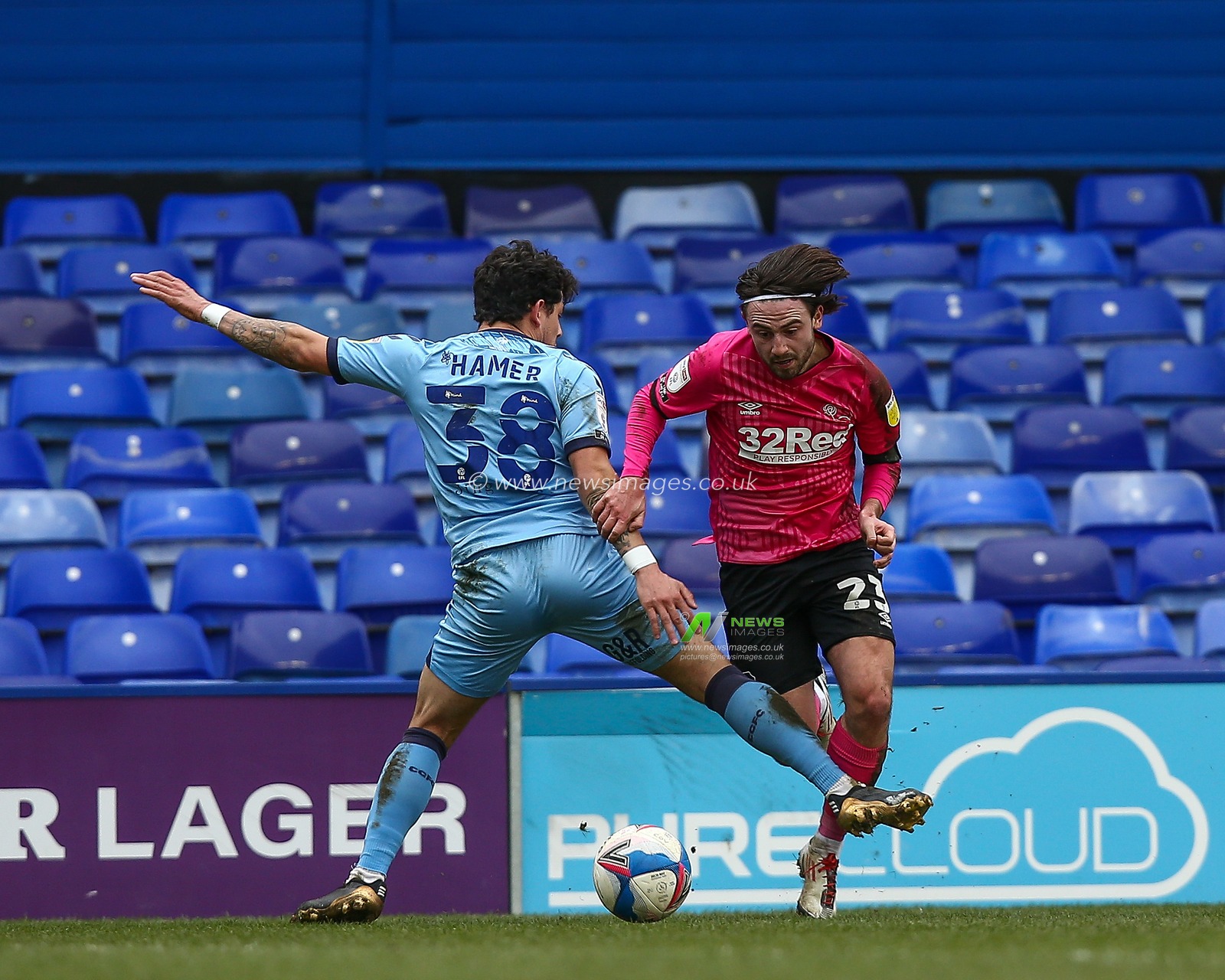 Patrick Roberts #23 of Derby County is fouled by Gustavo Hamer #38 of Coventry City