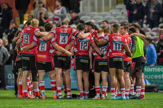 The Gloucester Rugby team post match huddle during the Gallagher Premiership match Gloucester vs Sale Sharks at Kingsholm Stadium, Gloucester, United Kingdom on 08 May 2026

(Photo by Alex Williamson/News Images)