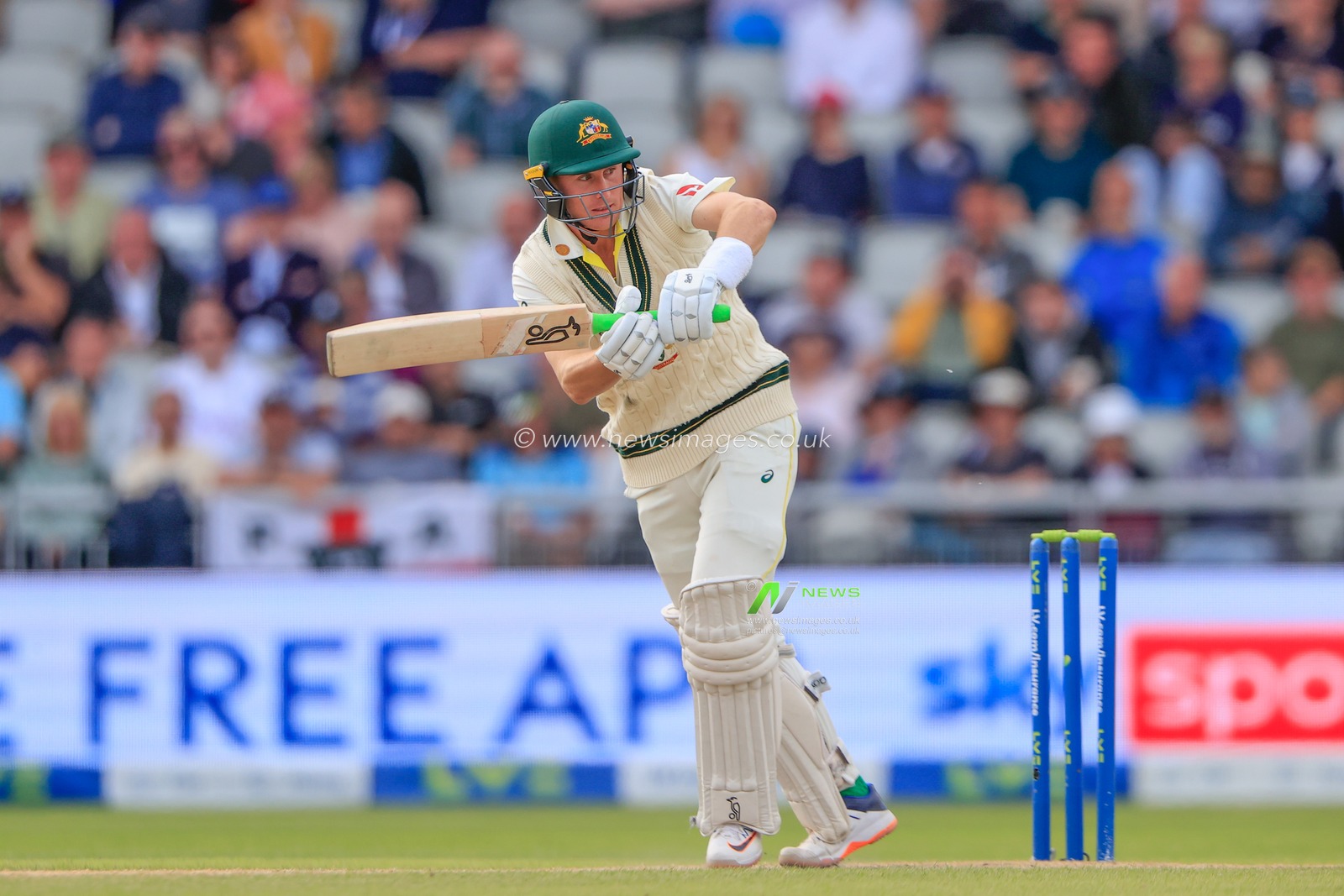 Marnus Labuschagne of Australia plays a shot during the LV= Insurance Ashes Fourth Test Series Day Three Test Series match England vs Australia at Old Trafford, Manchester, United Kingdom, 21st July 2023

(Photo by Conor Molloy/News Images)