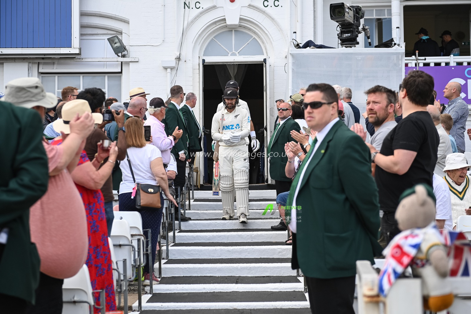 Tom Blundell of New Zealand leads Daryl Mitchell of New Zealand out for play during day 2 of the 2nd Test between the New Zealand Blackcaps and England at Trent Bridge Cricket Ground, Nottingham, England on Saturday 11 June 2022.