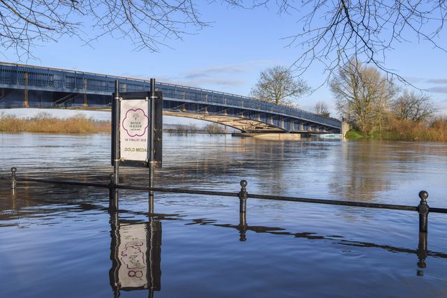 River Seven flood defences slowly start to fail in the Upton On Severn area after heavy rain from Storm Christoph