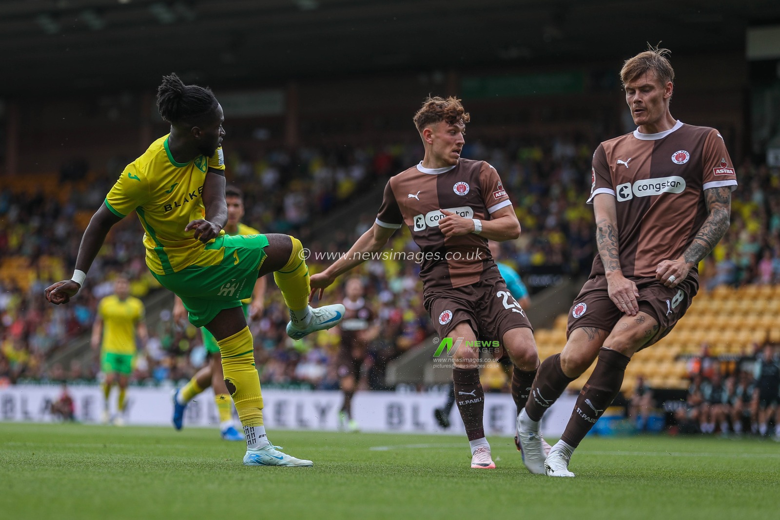 Jonathan Rowe of Norwich City shoots during the Pre-season friendly match Norwich City vs St. Pauli at Carrow Road, Norwich, United Kingdom, 3rd August 2024

(Photo by Izzy Poles/News Images)