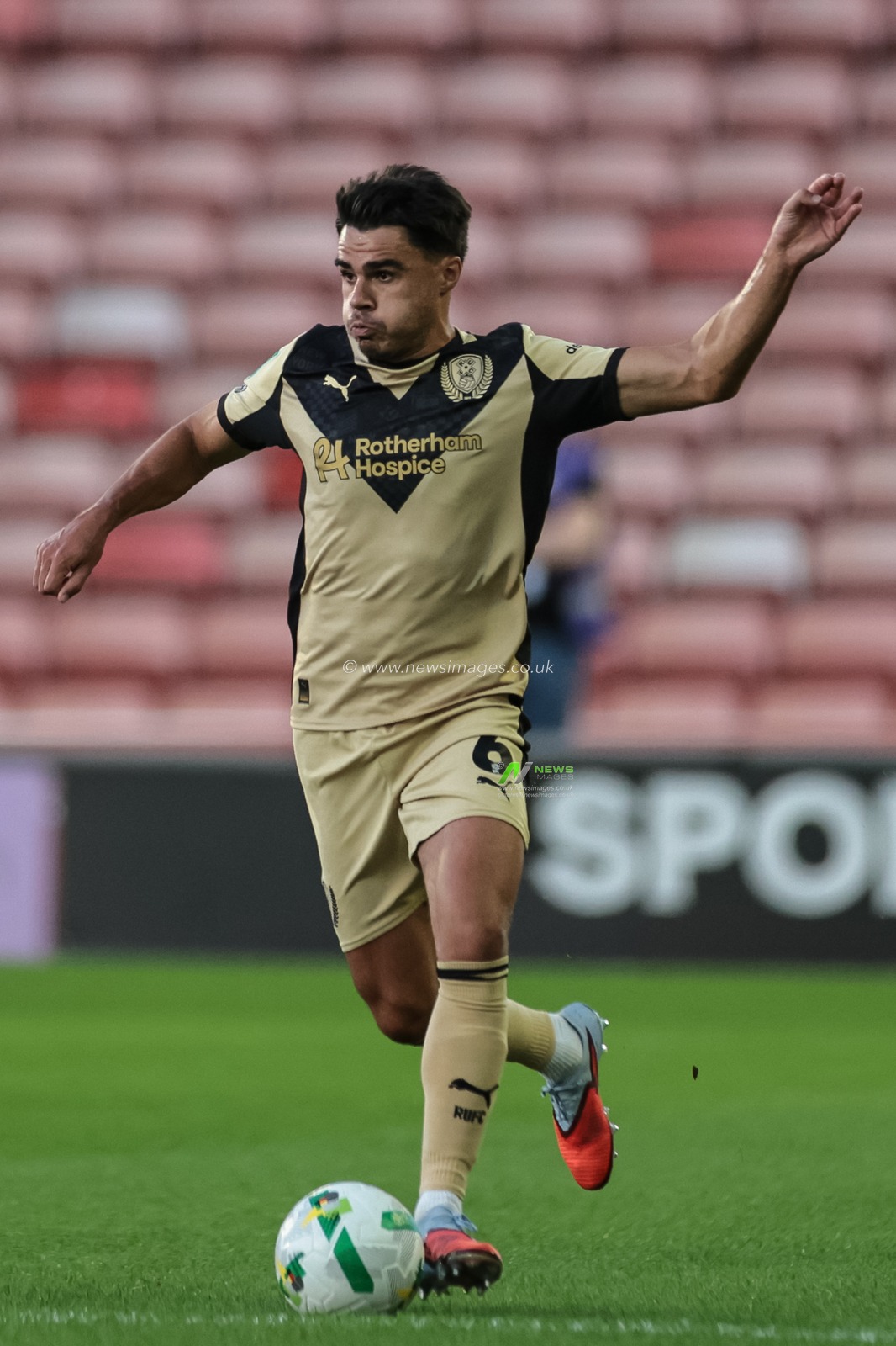Reece James of Rotherham United breaks with the ball during the Carabao Cup match Barnsley vs Rotherham United at Oakwell, Barnsley, United Kingdom, 26th August 2025

(Photo by Mark Cosgrove/News Images)