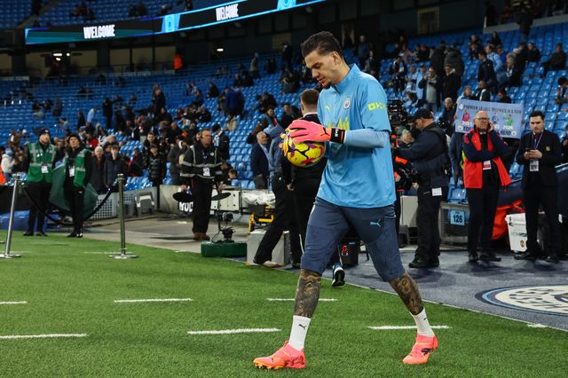 Ederson of Manchester City comes out for during the pre-game warmup ahead of the Premier League match Manchester City vs Manchester United at Etihad Stadium, Manchester, United Kingdom, 15th December 2024

(Photo by Mark Cosgrove/News Images)
