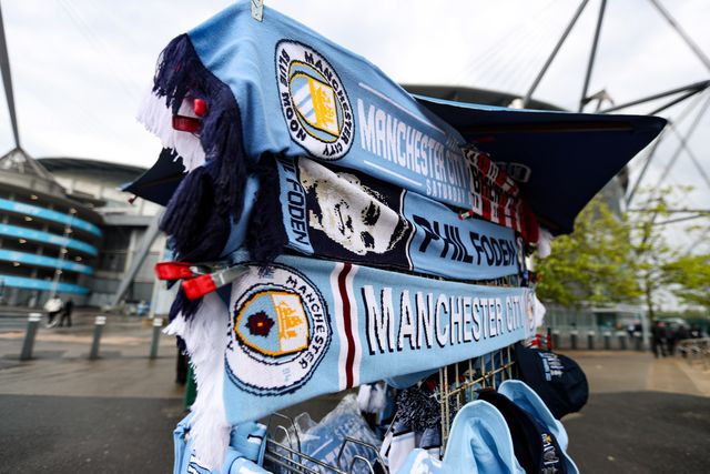 Manchester City scarfs displayed ahead of the Premier League match Manchester City vs Brentford at The City in the Community Etihad Stadium, Manchester, United Kingdom on 09 May 2026

(Photo by Jorge Horsted/News Images)