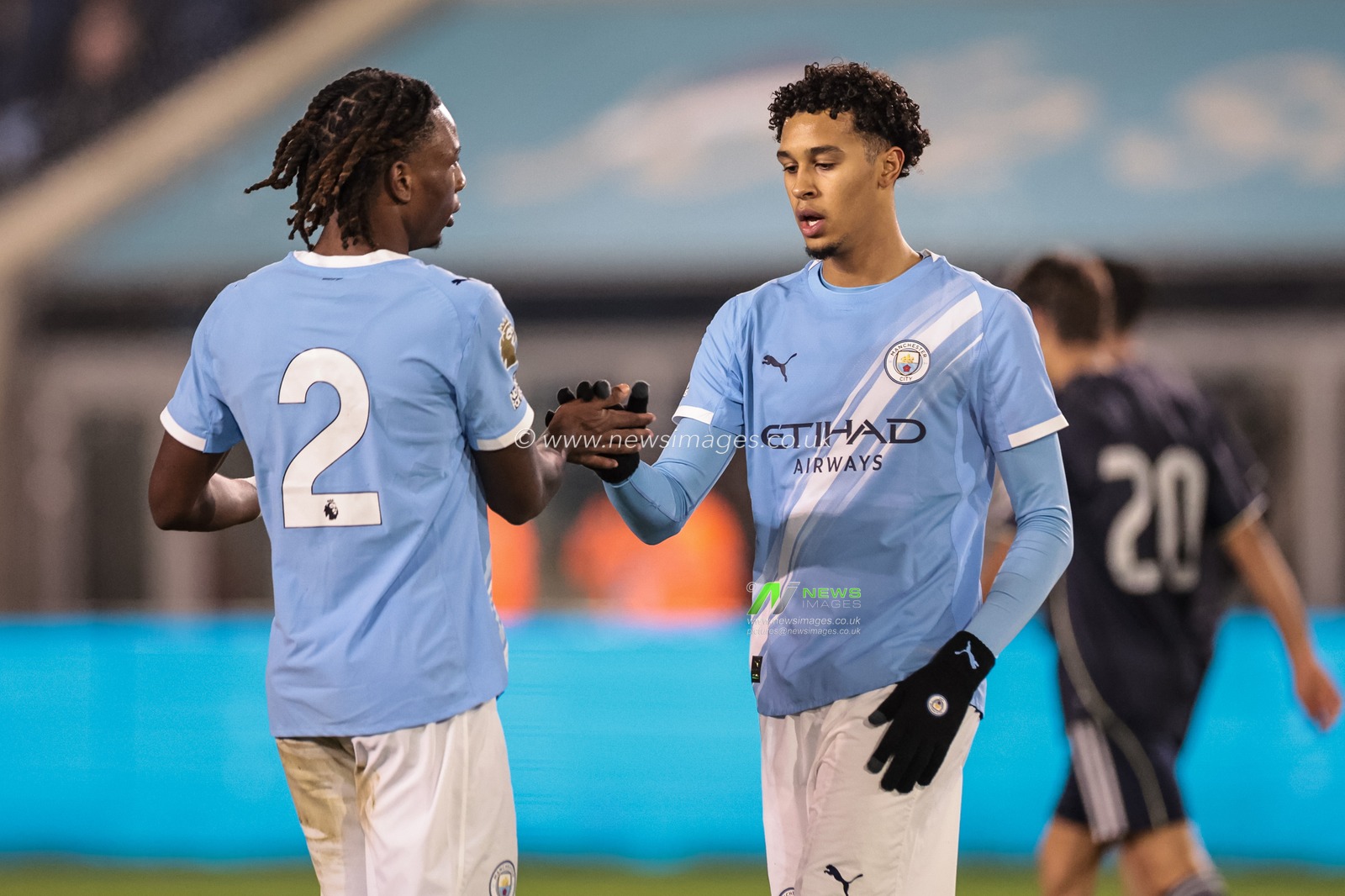 Emilio Lawrence of Manchester City celebrates his goal to make it 1-1 with Brooklyn Nfonkeu of Manchester City during the Premier League International Cup match Manchester City vs Real Madrid at Joie Stadium, Manchester, United Kingdom, 16th December 2025

(Photo by Mark Cosgrove/News Images)

*** GER AUT SUI OUT ***