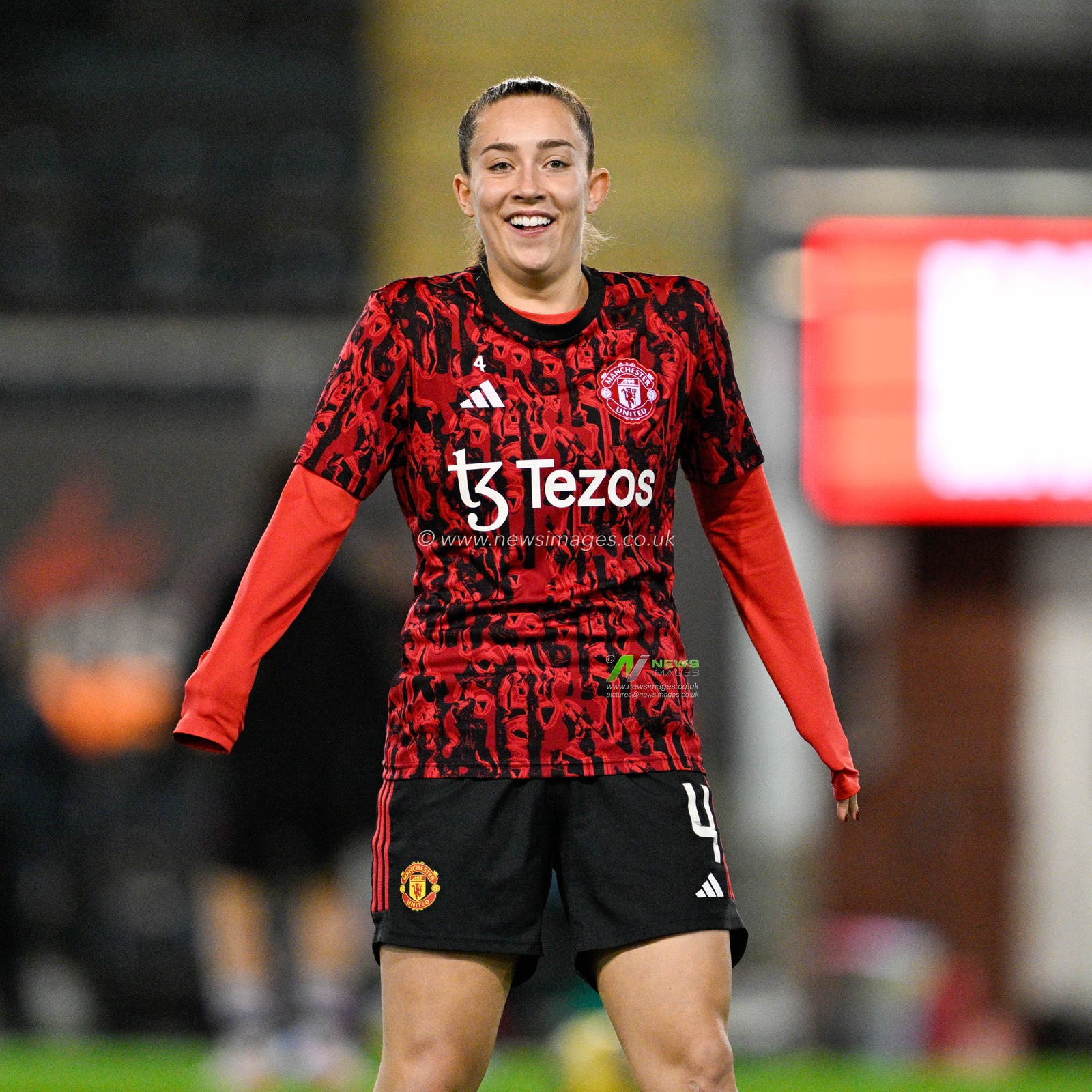 Maya Le Tissier #4 of Manchester United Women all smiles as she warms up ahead of the match, during the FA Women's League Cup Group B match Manchester United Women vs Leicester Women at Leigh Sports Village, Leigh, United Kingdom, 14th December 2023

(Photo by Cody Froggatt/News Images)