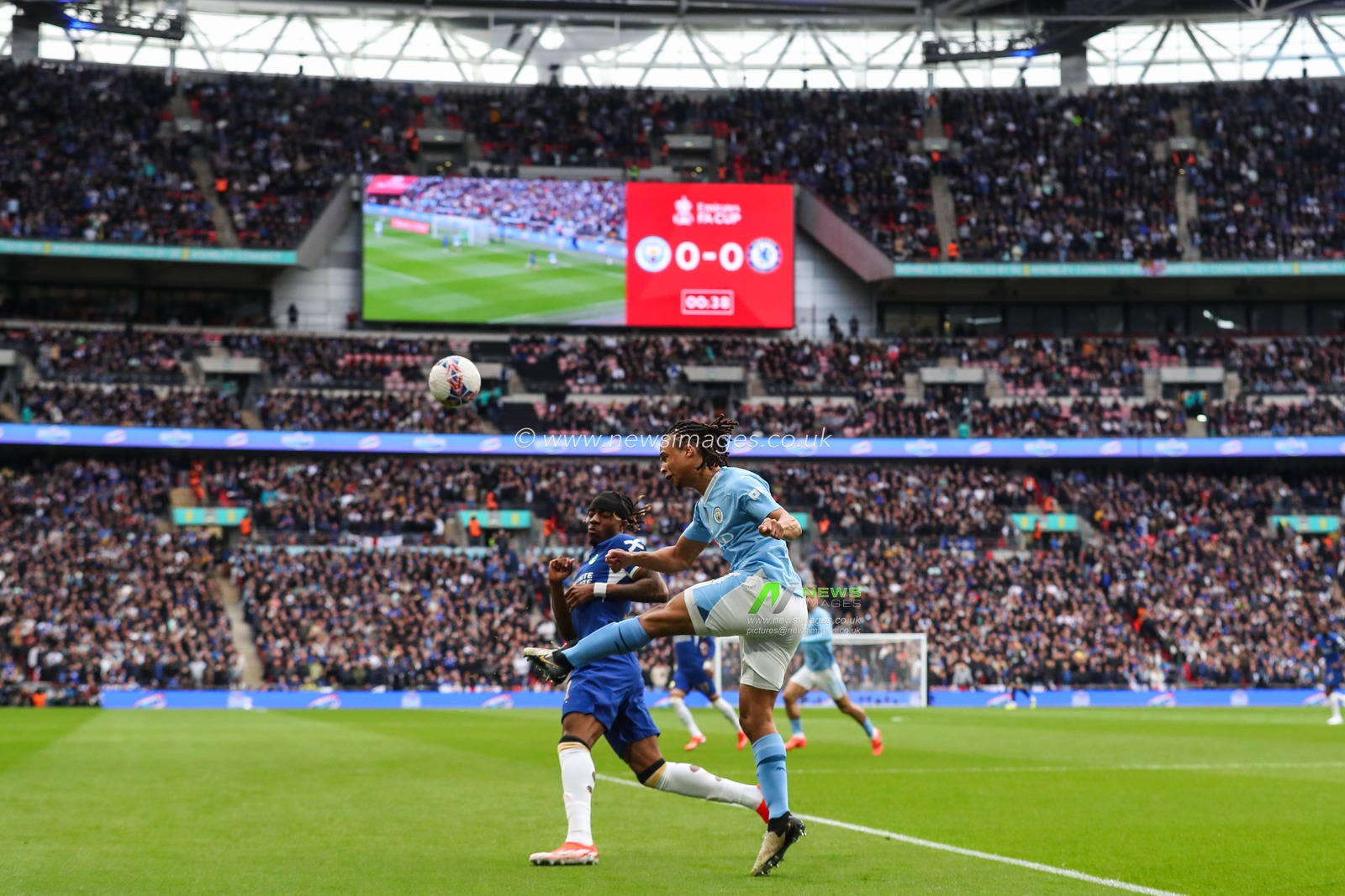 Nathan AkÃ© of Manchester City clears the ball during the Emirates FA Cup Semi-Final match Manchester City vs Chelsea at Wembley Stadium, London, United Kingdom, 20th April 2024

(Photo by Gareth Evans/News Images)