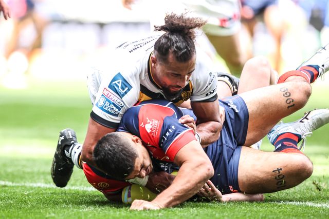 Caleb Hamlin-Uele of Wakefield Trinity goes over for a try during the Betfred Super League Magic Weekend match Wakefield Trinity vs Castleford Tigers at Hill Dickinson Stadium, Liverpool, United Kingdom on 05 July 2026

(Photo by Alfie Cosgrove/News Images)