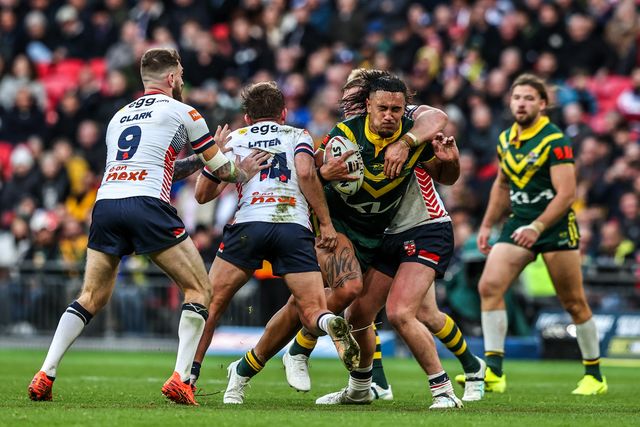 Tino Fa’asuamaleaui of Australia is tackled during the The Ashes Series 2025 England vs Australia at Wembley Stadium, London, United Kingdom, 25th October 2025

(Photo by Alfie Cosgrove/News Images)