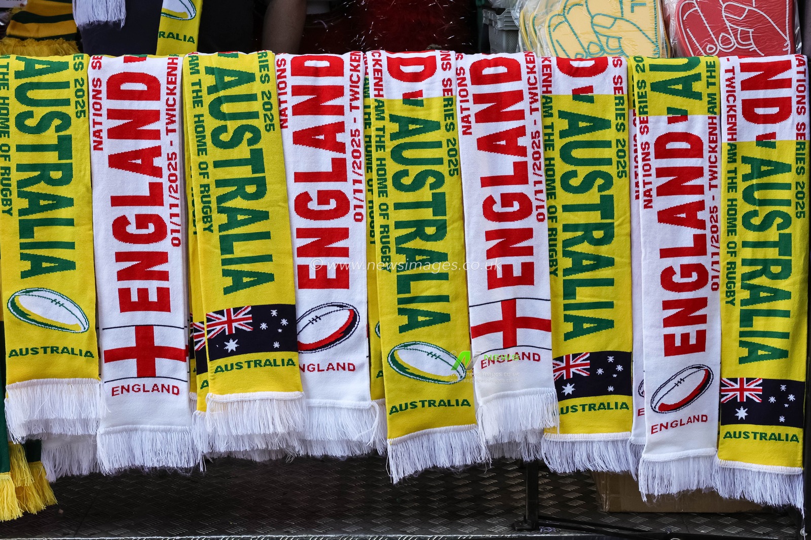 England and Australia scarfs on sale during the Quilter Nations Series 2025 match England vs Australia at Allianz Stadium, Twickenham, United Kingdom, 1st November 2025

(Photo by Mark Cosgrove/News Images)

*** GER AUT SUI OUT ***