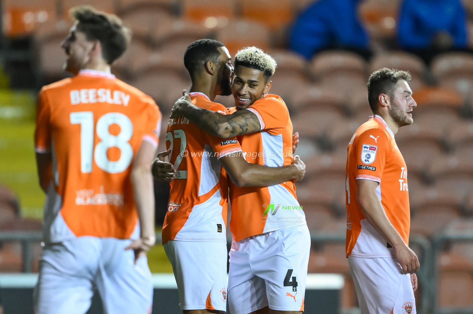 CJ Hamilton of Blackpool celebrates his goal to make it 4-1 during the Bristol Street Motors Trophy match Blackpool vs Crewe Alexandra at Bloomfield Road, Blackpool, United Kingdom, 3rd September 2024

(Photo by Craig Thomas/News Images)