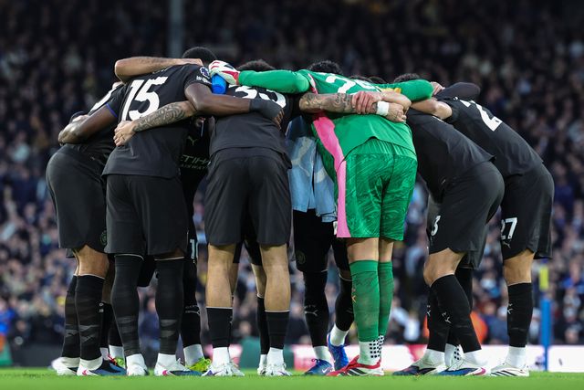 Manchester City team huddle during the Premier League match Leeds United vs Manchester City at Elland Road, Leeds, United Kingdom on 28 February 2026

(Photo by Mark Cosgrove/News Images)