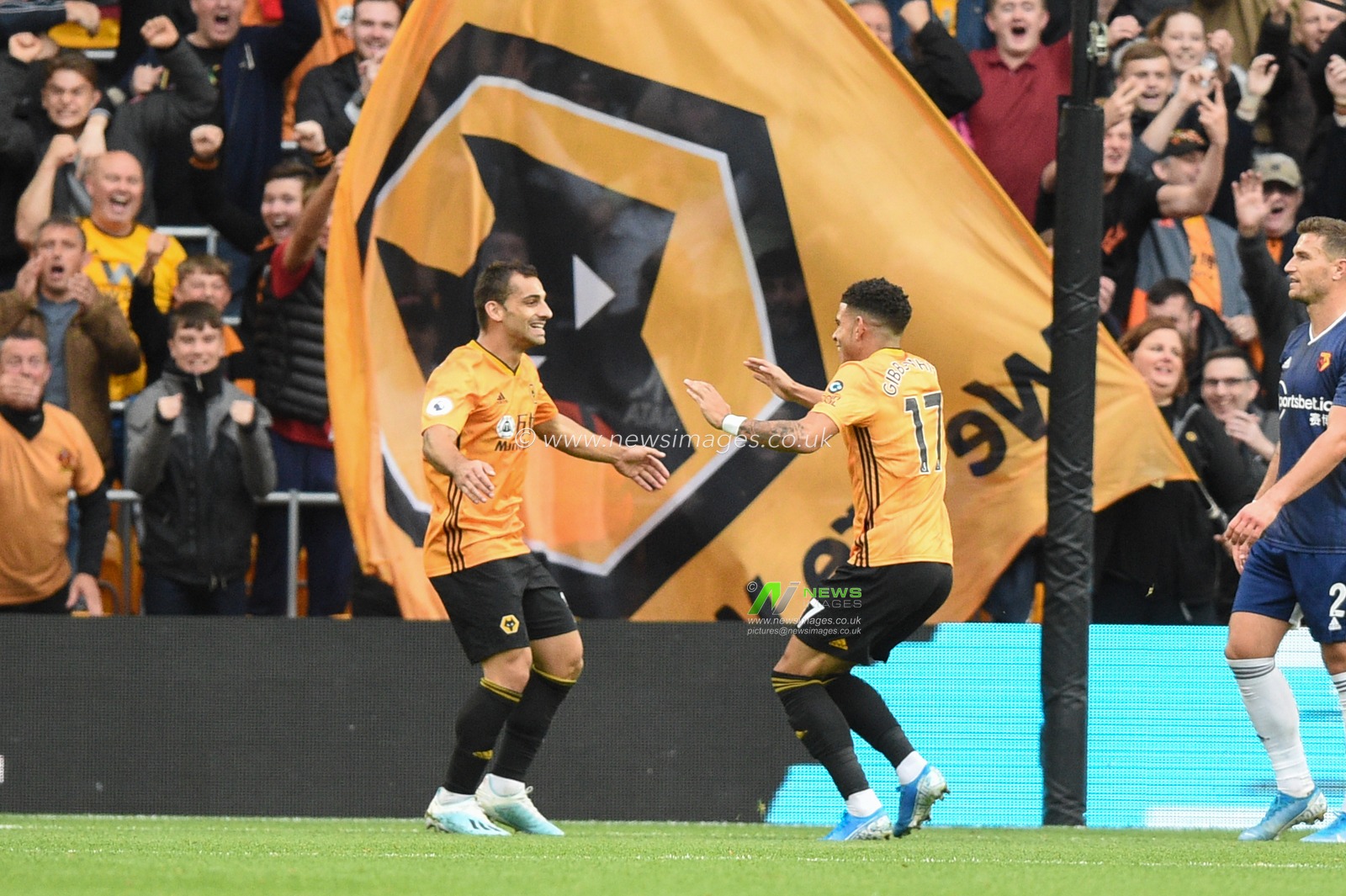 28th September 2019, Molineux, Wolverhampton, England; Premier League, Wolverhampton Wanderers v Watford : Wolves celebrate the own goal from Daryl Janmaat (2) of Watford to make it /2-0

Credit: Richard Long/News Images