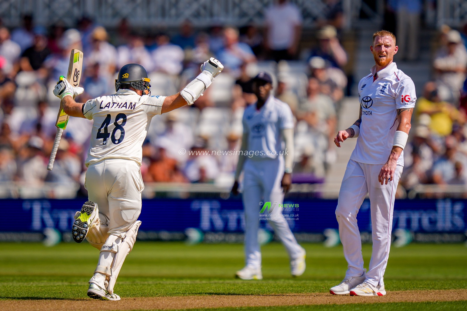 New Zealand captain Tom Latham celebrates going past 100 runs as he scores his century while England captain Ben Stokes looks on during the 3rd Rothesay Test Match Day 1 match England vs New Zealand at Trent Bridge, Nottingham, United Kingdom on 25 June 2026

(Photo by Maynard Manyowa/News Images)