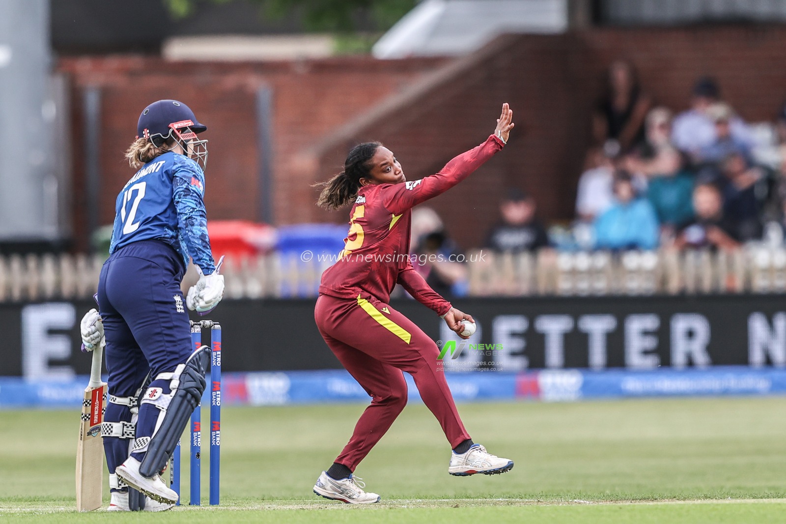 Zaida James of West Indies delivers the ball during the Metro Bank One Day International match England Women vs West Indies Women at Derbyshire County Cricket Club, Derby, United Kingdom, 30th May 2025

(Photo by Alfie Cosgrove/News Images)