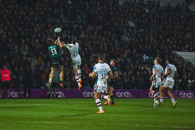 Freddie Steward wins a high ball agains James Ramm during the Gallagher Premiership match Northampton Saints vs Leicester Tigers at Cinch Stadium at Franklin's Gardens, Northampton, United Kingdom, 21st March 2025

(Photo by Craig Evans/News Images)
