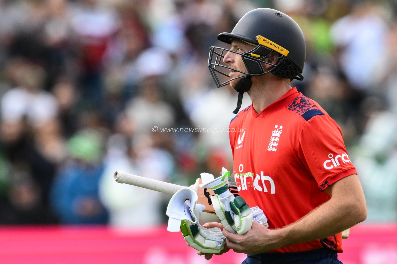 Jos Buttler of England looks dejected as he leaves the pitch after being dismissed during the Vitality T20 International Series match England vs Pakistan at Edgbaston, Birmingham, United Kingdom, 25th May 2024

(Photo by Craig Thomas/News Images)