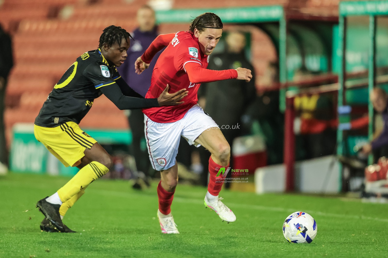 Mael de Gevigney of Barnsley breaks with the ball during the The Vertu Trophy Group D match Barnsley vs Manchester United U21 at Oakwell, Barnsley, United Kingdom, 21st October 2025

(Photo by Richard Bierton/News Images)