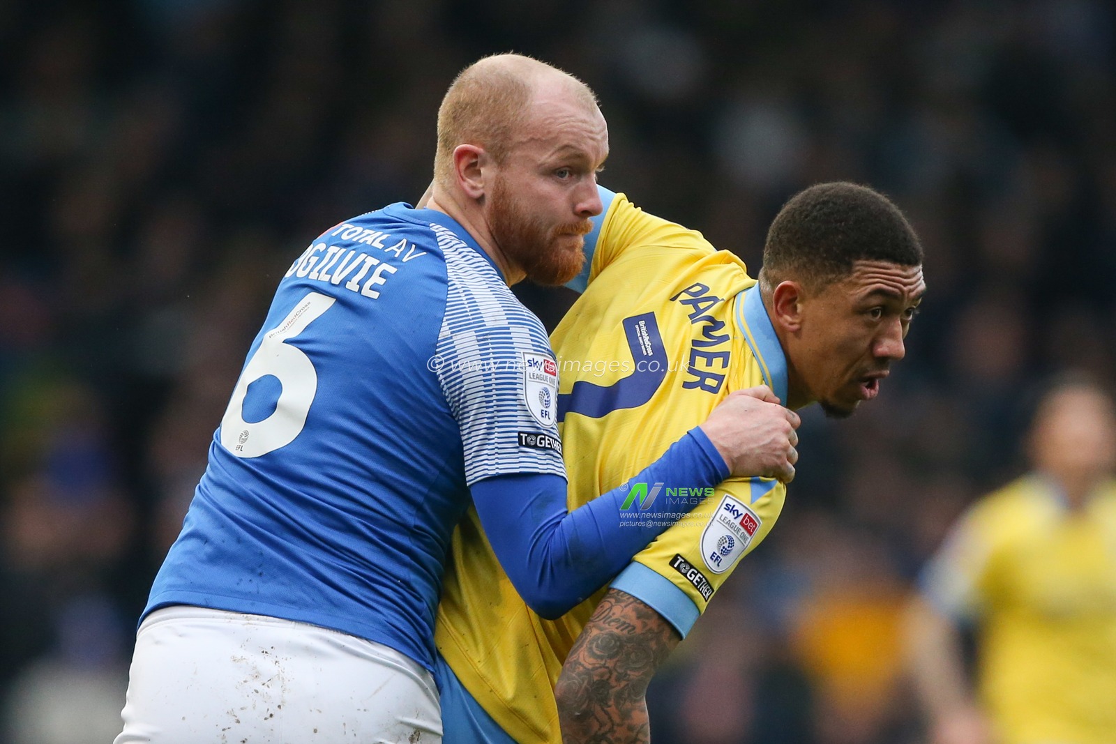 Liam Palmer #2 of Sheffield Wednesday  and Connor Ogilvie #6 of Portsmouth tussle during the Sky Bet League 1 match Portsmouth vs Sheffield Wednesday at Fratton Park, Portsmouth, United Kingdom, 11th March 2023

(Photo by Arron Gent/News Images)