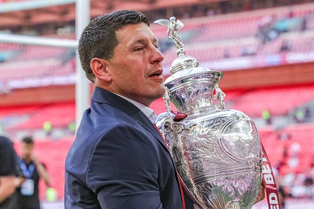Matt Peet head coach of Wigan Warriors lifts the  Betfred Challenge Cup Trophy up to the fans as he celebrates the win during the Betfred Challenge Cup Final match Wigan Warriors vs Hull KR at Wembley Stadium, London, United Kingdom on 30 May 2026

(Photo by Mark Cosgrove/News Images)