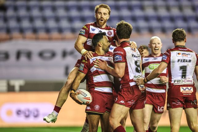 Bevan French of Wigan Warriors celebrates his try during the Betfred Super League Semi Final 1 match Wigan Warriors vs Leigh Leopards at The Brick Community Stadium, Wigan, United Kingdom, 3rd October 2025

(Photo by Alfie Cosgrove/News Images)