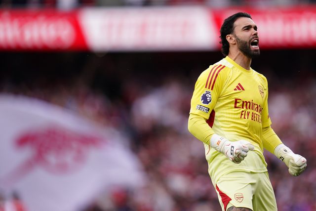Arsenal goalkeeper David Raya celebrates with canon flag in background during the Premier League match Arsenal vs Fulham at Emirates, London, United Kingdom on 02 May 2026

(Photo by Harvey Murphy/News Images)