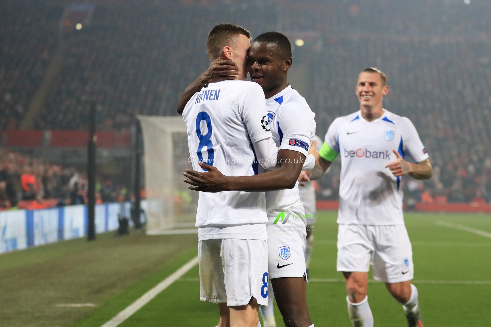 5th November 2019, Anfield, Liverpool, England; UEFA Champions League, Liverpool v KRC Genk : Ally Mbwana Samatta (10) of KRC Genk celebrates after scoring a goal to make it 1-1 

Credit: Mark Cosgrove/News Images