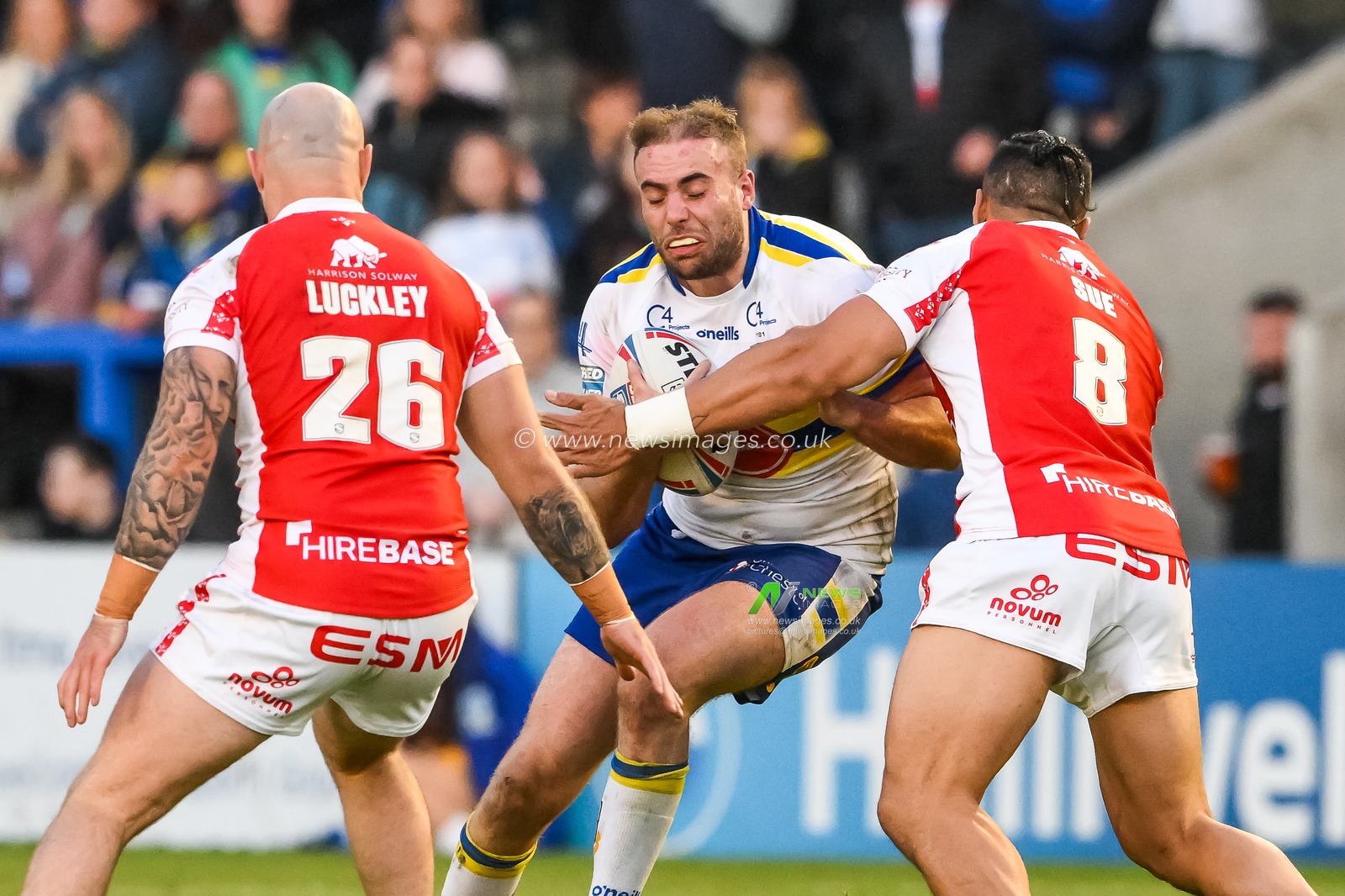 James Harrison #8 of Warrington Wolves is tackled by Sauaso â€˜Jesseâ€™ Sue #8 of Hull KR during the Betfred Super League Round 12 match Warrington Wolves vs Hull KR at Halliwell Jones Stadium, Warrington, United Kingdom, 12th May 2023

(Photo by Craig Thomas/News Images)