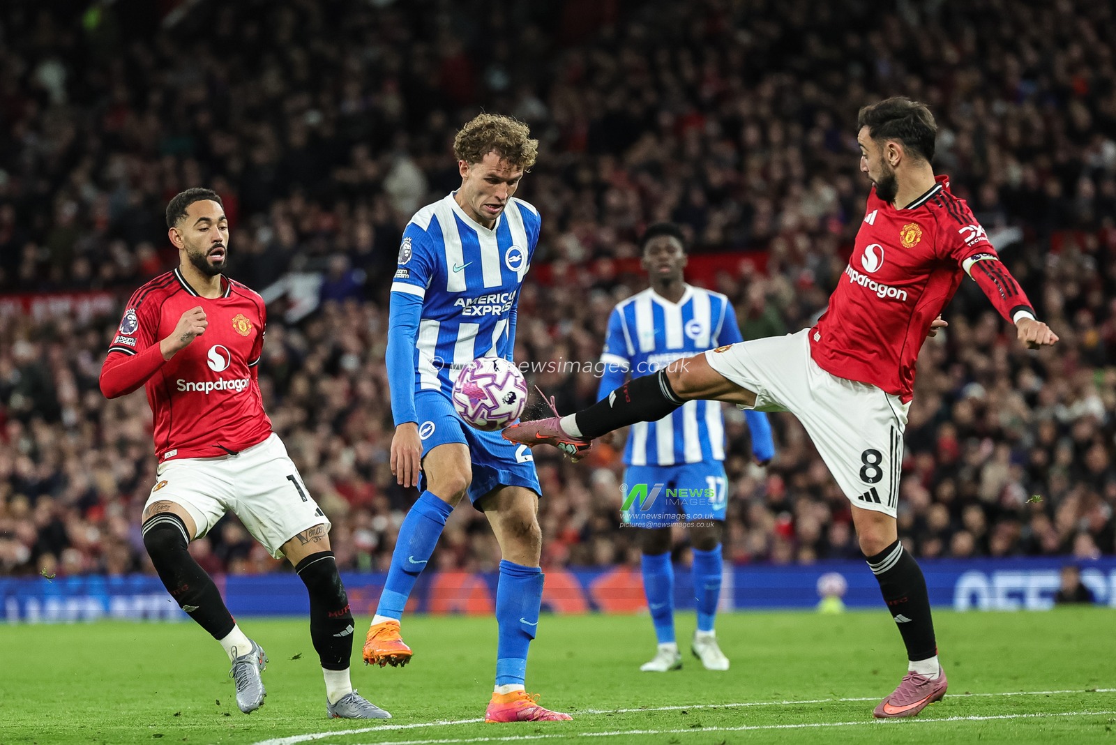 Bruno Fernandes of Manchester United cleared the ball from a shooting Mats Wieffer of Brighton & Hove Albion during the Premier League match Manchester United vs Brighton and Hove Albion at Old Trafford, Manchester, United Kingdom, 25th October 2025

(Photo by Mark Cosgrove/News Images)