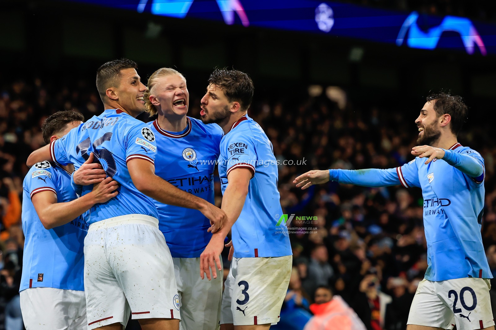 Erling Haaland #9 of Manchester City celebrates his goal to make it 3-0 during the UEFA Champions League Quarter-Finals 1st Leg Manchester City vs Bayern Munich at Etihad Stadium, Manchester, United Kingdom, 11th April 2023

(Photo by Conor Molloy/News Images)