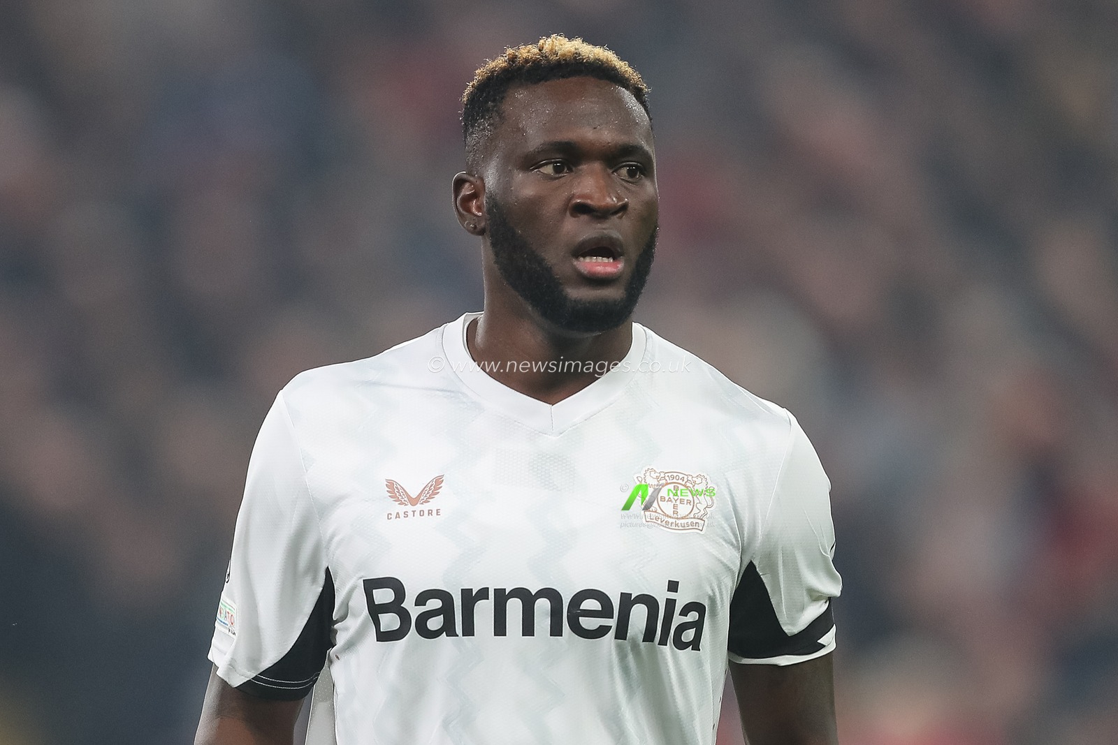 Victor Boniface of Bayer Leverkusen during the UEFA Champions League, League Stage match Liverpool vs Bayer 04 Leverkusen at Anfield, Liverpool, United Kingdom, 5th November 2024

(Photo by Gareth Evans/News Images)
