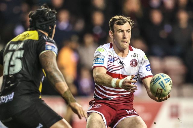 Harry Smith of Wigan Warriors passes the ball during the Betfred Super League round 5 match Wigan Warriors vs York Knights at The Brick Community Stadium, Wigan, United Kingdom on 19 March 2026

(Photo by Alfie Cosgrove/News Images)