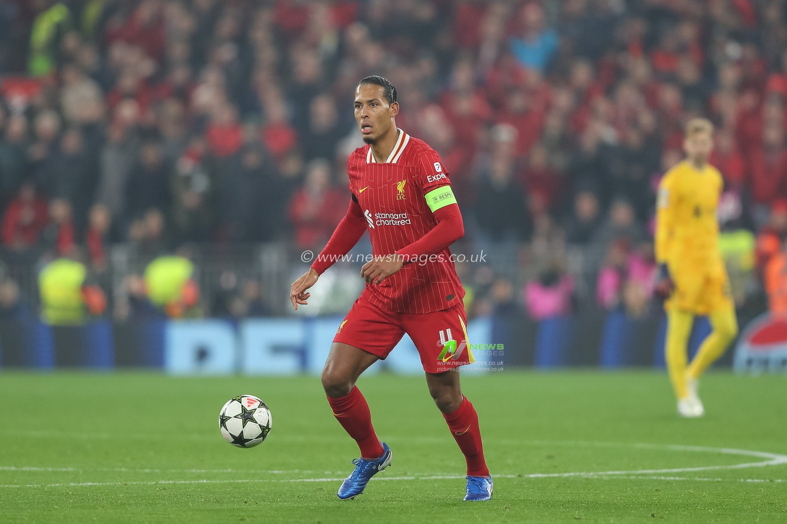 Virgil van Dijk of Liverpool with the ball during the UEFA Champions League, League Stage match Liverpool vs Bayer 04 Leverkusen at Anfield, Liverpool, United Kingdom, 5th November 2024

(Photo by Gareth Evans/News Images)