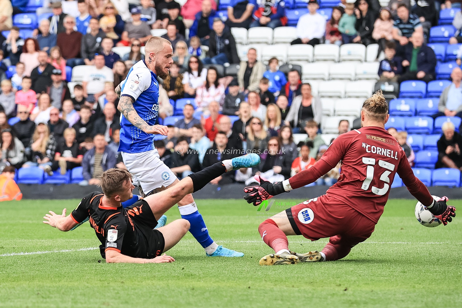 Callum Connolly #2 of Blackpool shoots just wide of the post from close range