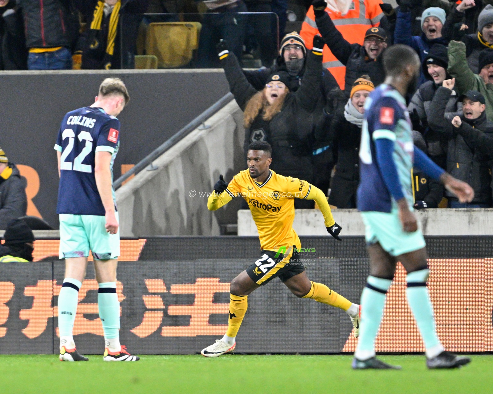 NÃ©lson Semedo of Wolverhampton Wanderers celebrates his goal to make it 1-1, during the Emirates FA Cup Third Round Replay match Wolverhampton Wanderers vs Brentford at Molineux, Wolverhampton, United Kingdom, 16th January 2024

(Photo by Cody Froggatt/News Images)