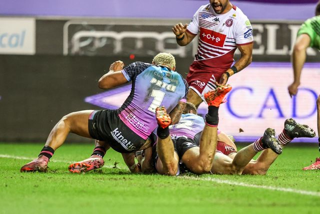 Jai Field of Wigan Warriors goes over for a try during the Betfred Super League match Wigan Warriors vs Hull FC at The Brick Community Stadium, Wigan, United Kingdom on 21 February 2026

(Photo by Alfie Cosgrove/News Images)