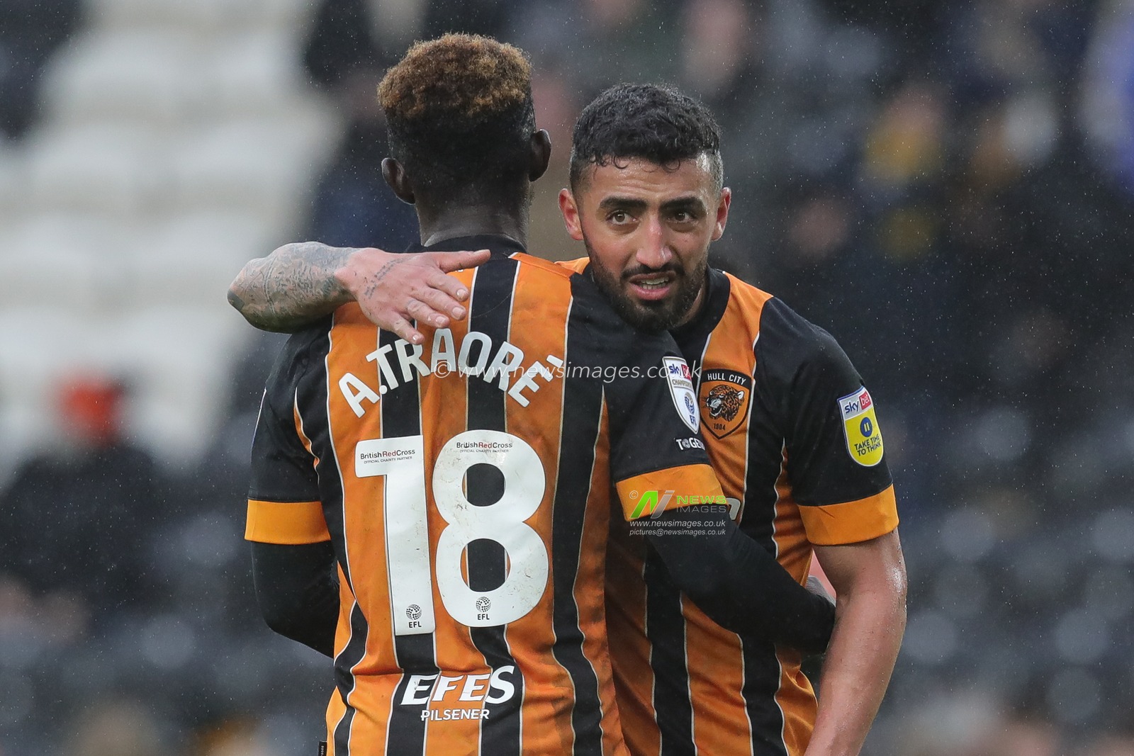 A dejected Allahyar Sayyadmanesh #9 of Hull City hugs Adama TraorÃ© #18 of Hull City after the Sky Bet Championship match Hull City vs Rotherham United at MKM Stadium, Hull, United Kingdom, 1st April 2023

(Photo by James Heaton/News Images)