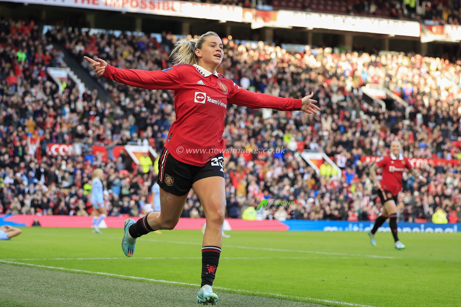 Alessia Russo #23 of Manchester United celebrates scoring to make it 3-0 during The FA Women's Super League match Manchester United Women vs Aston Villa Women at Old Trafford, Manchester, United Kingdom, 3rd December 2022

(Photo by Conor Molloy/News Images)