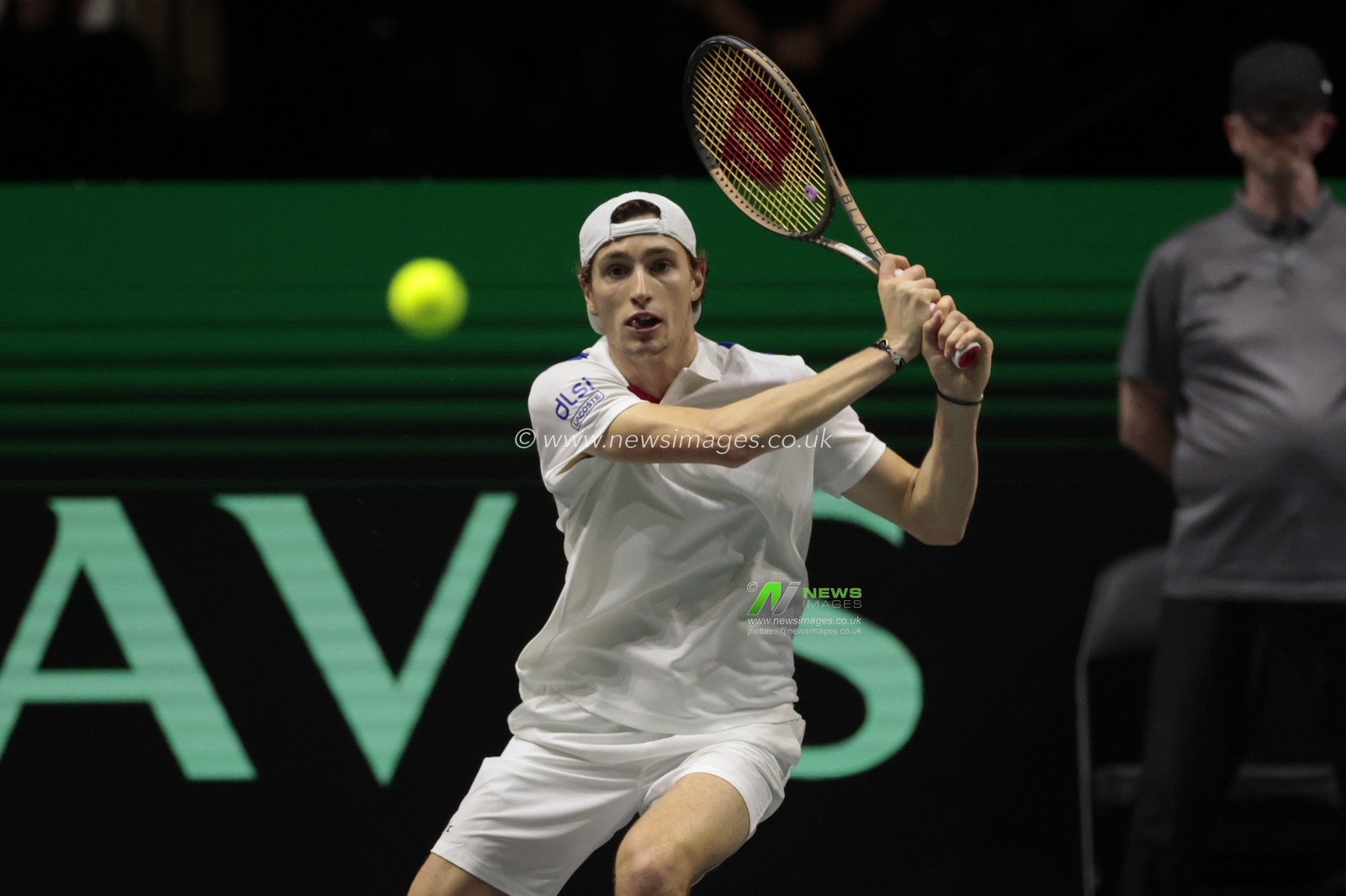 Ugo Humbert (FRA) in action in his match against Cameron Norrie (GBR) during the Davis Cup match Great Britain vs France at Manchester AO Arena, Manchester, United Kingdom, 17th September 2023

(Photo by Conor Molloy/News Images)
